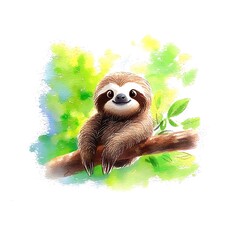 Adorable sloth smiling on a tree branch in a watercolor style illustration.