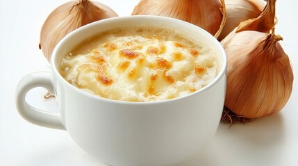 Wall Mural - A warm bowl of French onion soup with melted cheese on top on a white isolated background