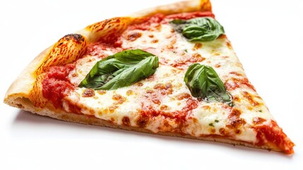 Wall Mural - A fresh slice of margherita pizza with basil and mozzarella on a white isolated background