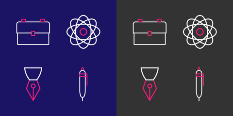Poster - set line pen, fountain pen nib, atom and school backpack icon. vector