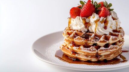 Wall Mural - A stack of fluffy waffles with syrup, strawberries, and whipped cream on a white isolated background