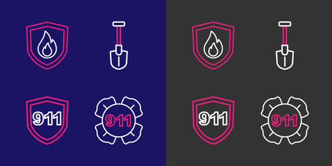 Poster - Set line Emergency call 911, Fire shovel and protection shield icon. Vector