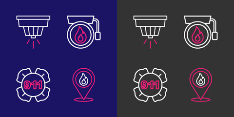 Poster - Set line Location with fire flame, Emergency call 911, Ringing alarm bell and Smoke system icon. Vector