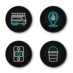 Poster - set line fire bucket, alarm system, location with fire flame and truck icon. vector