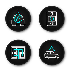 Poster - set line burning car, evacuation plan, fire alarm system and icon. vector