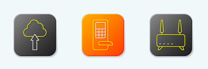 Poster - Set line Cloud upload, Digital door lock and Router and wi-fi signal icon. Vector