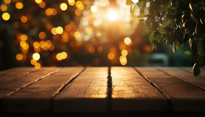Poster - Product Display: Empty Wooden Table And Blurry Interior With Bokeh Lights, Ideal For Montaging Products In Cafes And Restaurants