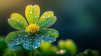 Wall Mural - Dewdrops adorn a vibrant green flower with yellow center