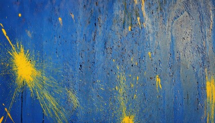 Poster - Dynamic Yellow Paint Splashes on Vibrant Blue Canvas Background for Modern Abstract Art Concepts, Interior Design, or Digital Graphics

