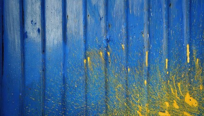 Poster - Dynamic Yellow Paint Splashes on Vibrant Blue Canvas Background for Modern Abstract Art Concepts, Interior Design, or Digital Graphics

