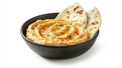 Wall Mural - A bowl of freshly made hummus with pita bread on a white isolated background