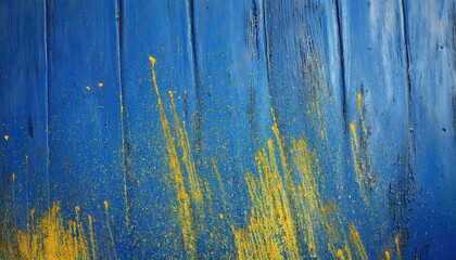 Poster - Dynamic Yellow Paint Splashes on Vibrant Blue Canvas Background for Modern Abstract Art Concepts, Interior Design, or Digital Graphics

