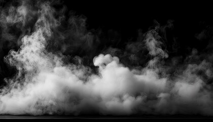 Aufkleber - Realistic dense white smoke clouds in motion on a dark black background, abstract vapor swirl texture for cinematic effects and design