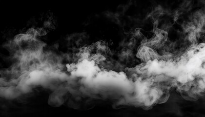 Aufkleber - Realistic dense white smoke clouds in motion on a dark black background, abstract vapor swirl texture for cinematic effects and design