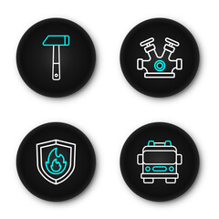 Poster - Set line Emergency call 911, Fire protection shield, hydrant and Hammer icon. Vector