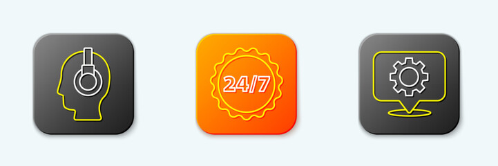 Poster - Set line Support operator in touch, Clock 24 hours and Location with gear icon. Vector