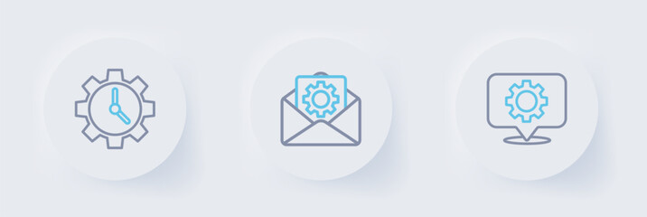 Poster - Set line Location with gear, Envelope setting and Time Management icon. Vector
