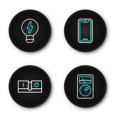 Poster - set line ampere meter, multimeter, electric light switch, mobile phone and creative lamp idea icon. 