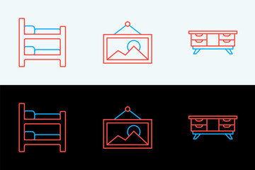 Poster - set line tv table stand, bunk bed and picture icon. vector