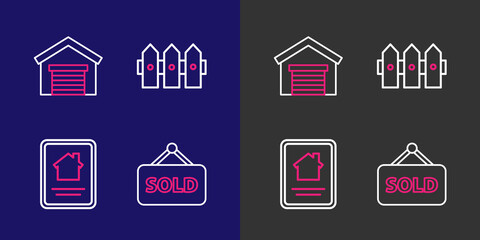 Poster - set line hanging sign with text sold, online real estate house, garden fence wooden and garage icon.