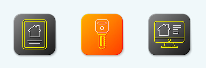 Poster - set line online real estate house, house key and icon. vector