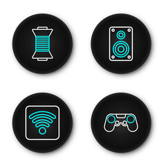 Poster - Set line Gamepad, Wi-Fi wireless internet network, Stereo speaker and Sewing thread on spool icon. Vector
