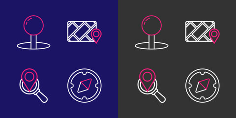 Poster - set line compass, search location, city map navigation and push pin icon. vector