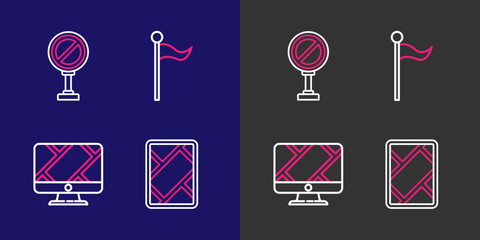 Poster - set line gps device with map, monitor location marker, location and stop sign icon. vector
