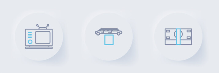 Poster - set line stacks paper money cash, limousine car and carpet and retro tv icon. vector