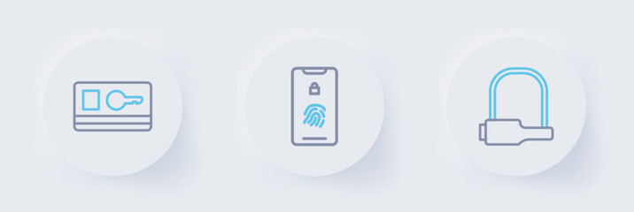 Poster - set line bicycle lock, mobile with fingerprint scan and key card icon. vector
