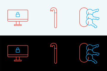 Poster - Set line Bunch of keys, Lock on computer monitor and Crowbar icon. Vector