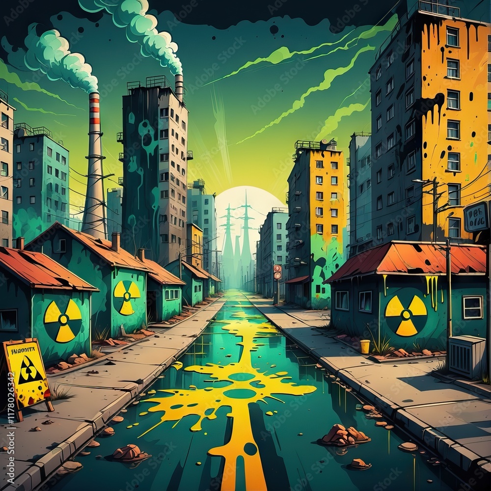 Radioactive waste polluting a futuristic city street with decaying ...