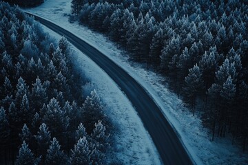 Wall Mural - Aerial view of a road winding its way through dense forest, potential for landscape or adventure use