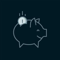 Poster - Line Piggy bank with coin icon isolated on black background. Icon saving or accumulation of money, investment. Flat filled outline style with shadow. Vector