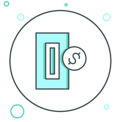 Poster - Line Hand inserting coin to a slot on a vending machine or arcade machine icon isolated on white background. Colorful outline concept. Vector