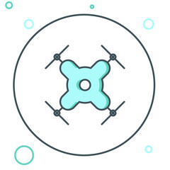 Poster - Line Drone flying icon isolated on white background. Quadrocopter with video and photo camera symbol. Colorful outline concept. Vector