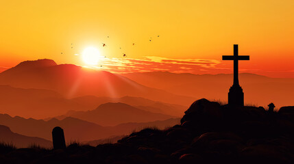 Wall Mural - beautiful sunset over a mountain range, with two crosses in the foreground.