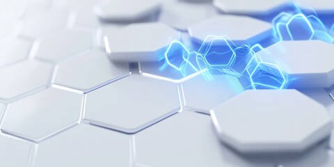 Poster - A collection of white hexagons with blue lights, often used in design or technology contexts