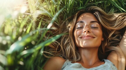 Relaxing in the sun-soaked grass, a woman enjoys the warmth of nature and moment of tranquility