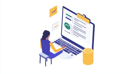 Poster - A person presenting a business proposal with a laptop and financial documents on a white isolated background