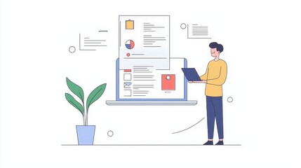Poster - A person presenting a business proposal with a laptop and financial documents on a white isolated background