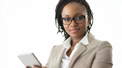 Poster - A businesswoman analyzing sales data on a tablet with a smartphone beside her on a white isolated background