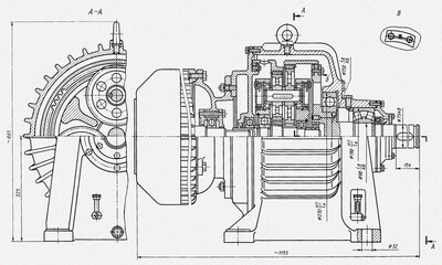 Wall Mural - Engineering mechanical pencil drawing of steel device
(reducer, gearbox, engine)
with dimension lines. Industrial 
cad scheme on white paper sheet. Technology background
of machine building industry. 