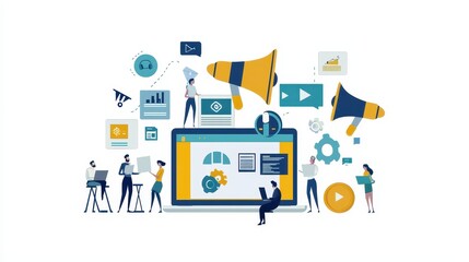 Poster - A group of marketing professionals working together to design an ad campaign with a laptop and graphics on a white isolated background