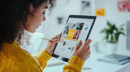 Poster - A businesswoman reviewing ad designs on a digital tablet with creative advertisements on a white isolated background
