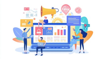 Poster - A group of marketing professionals working together to design an ad campaign with a laptop and graphics on a white isolated background