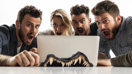 Poster - A group of marketing professionals working together to design an ad campaign with a laptop and graphics on a white isolated background