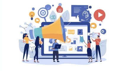Poster - A group of marketing professionals working together to design an ad campaign with a laptop and graphics on a white isolated background