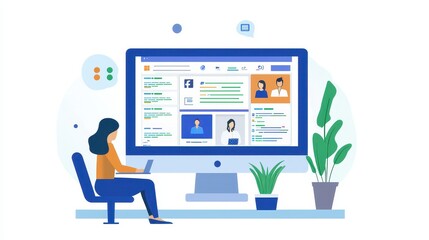 Poster - A person creating a Facebook ad campaign on a computer screen with targeted audience details on a white isolated background