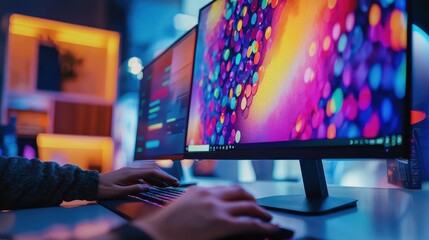 Poster - A close-up of a person creating a banner advertisement on a computer with vibrant colors and text on  background